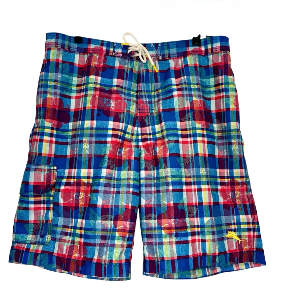 Tommy Bahama Swim Trunks Mens Large Blue Madras Plaid Floral Lined Cargo Board